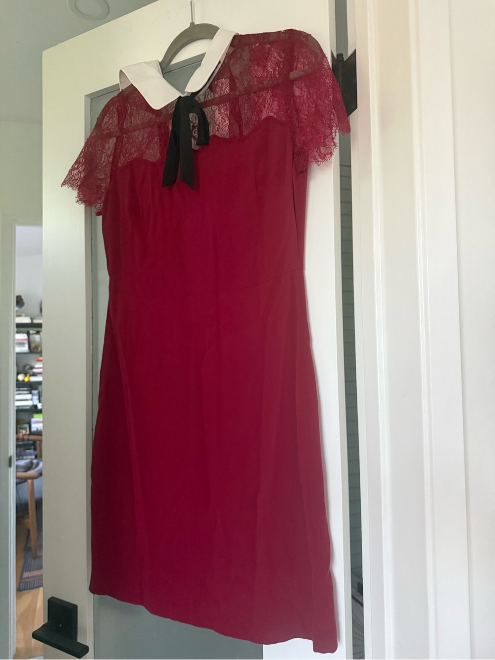 Sandro Red Mini Dress with White Collar and Black Bow